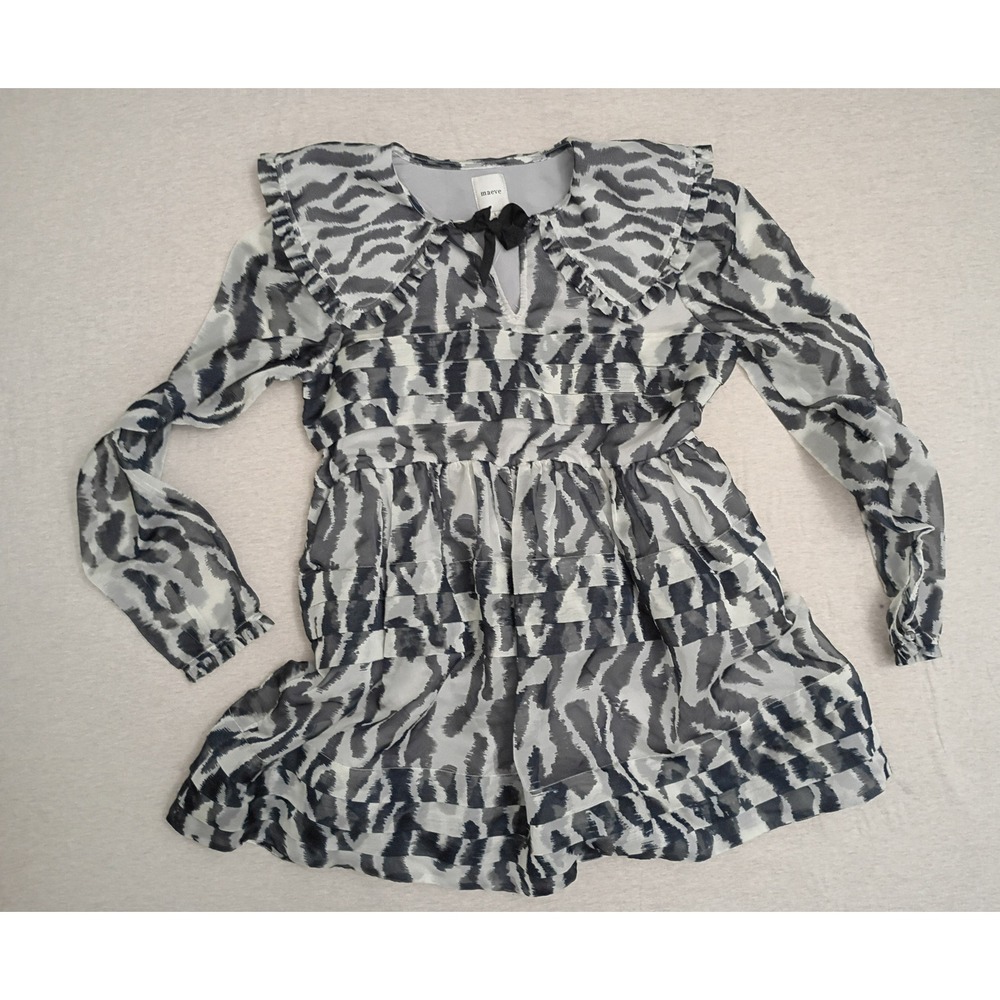 Maeve Anthropologie Zebra Ruffle Peter Pan Collar Tiered Mini Dress Grey Black